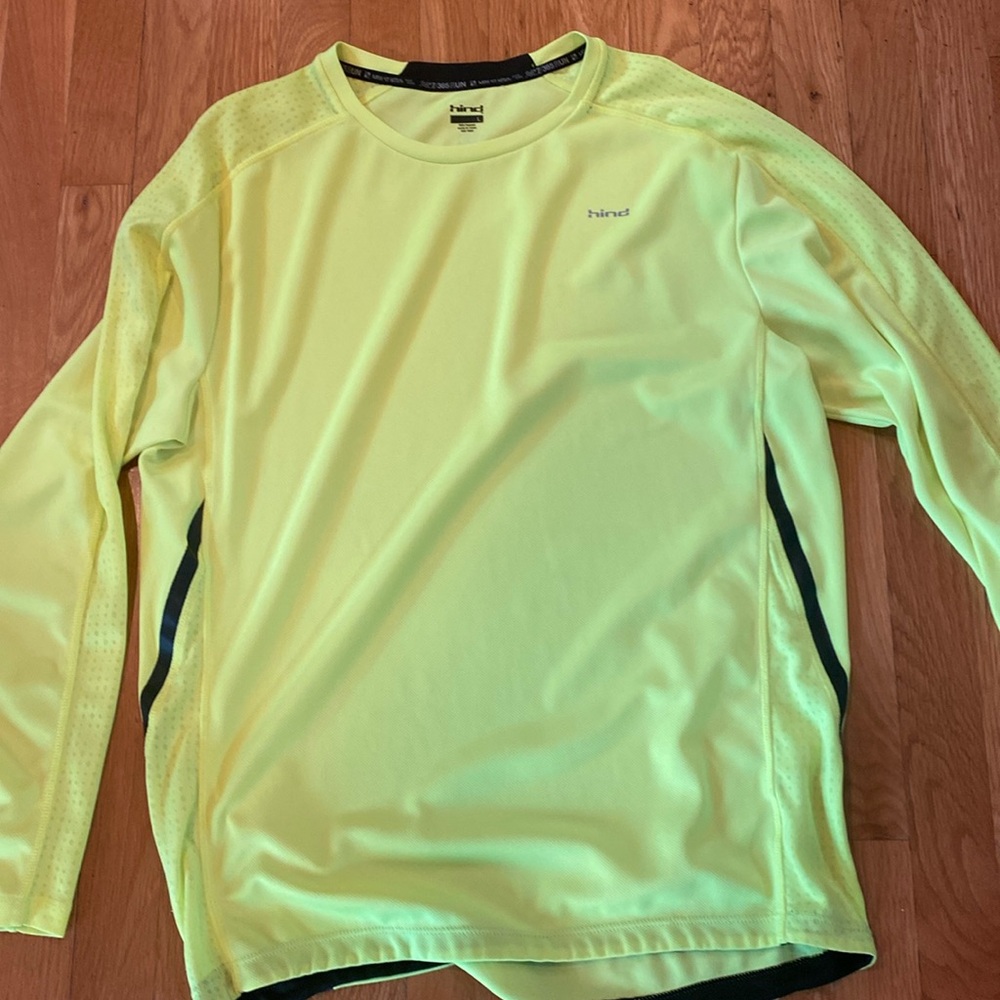 Hind. Bright yellow. Men’s long sleeve t shirt.